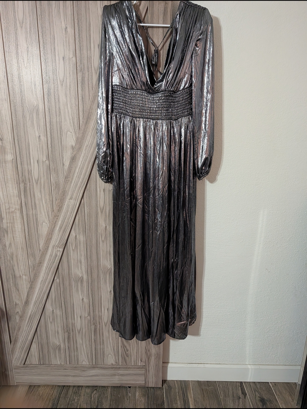 L'ATISTE Metallic Silver Long Sleeve Maxi Dress